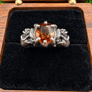 Dragon Crown Ring in oxidized 925 sterling silver with a 2.62 ct natural titanite sphene gemstone